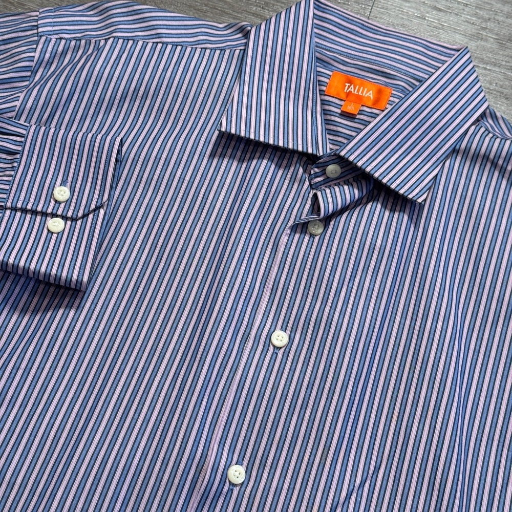 Tallia Shirt Mens Large Purple Stripe Long Sleeve Button Up Cotton 16.5‎ Preppy
